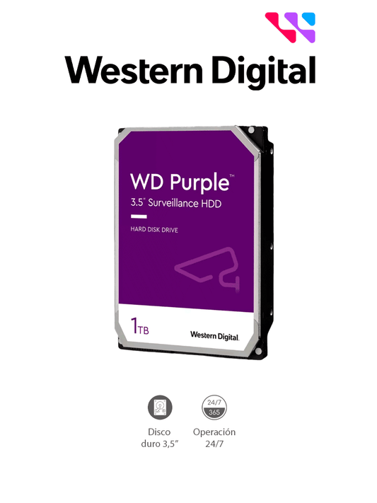 WESTERN WD11PURZ - Disco Duro de 1TB Purple/ Especial Para Videovigilancia/ Trabajo 24/7/ Interface: Sata 6 Gb/s/ Hasta 64 Cámaras/ Hasta 8 Bahías de Discos Duros/ 3 Años de Garantía